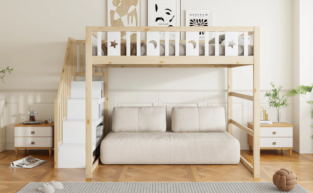 DESMIU Letto a castello per bambini 140 × 200 cm 2 posti con scala, ripiani e senza materasso, in legno massello, naturale e bianco