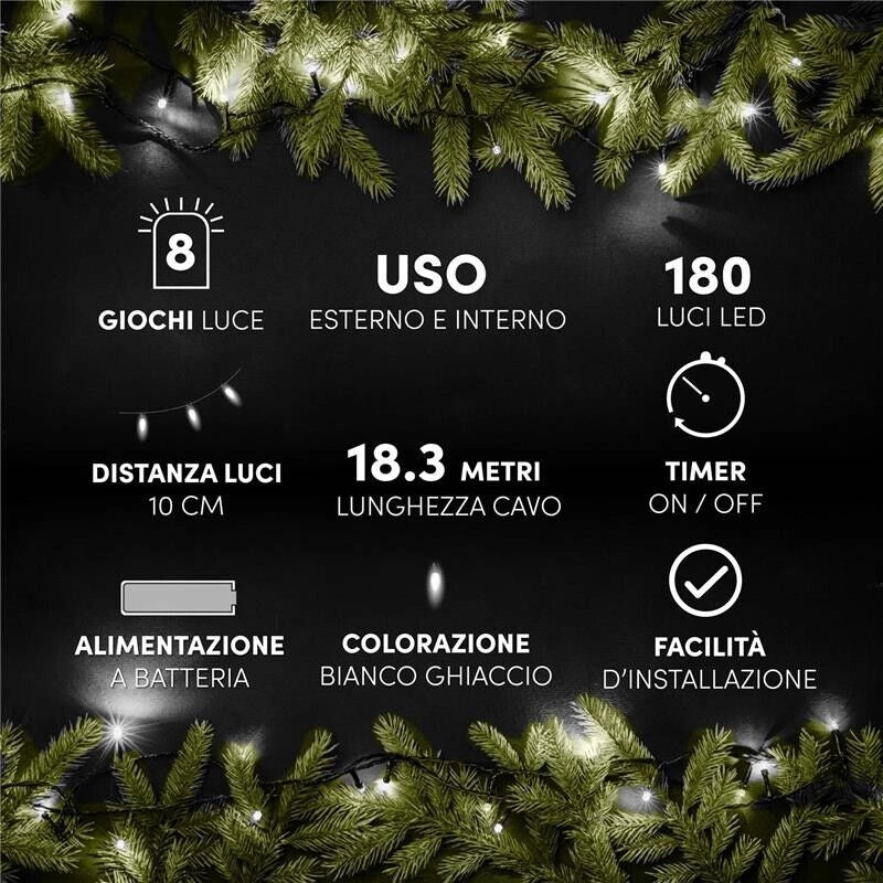 HIGH TECH FILO DI LUCI  A BATTERIA CON 180 LED COLORE GHIACCIO 18.3 METRI