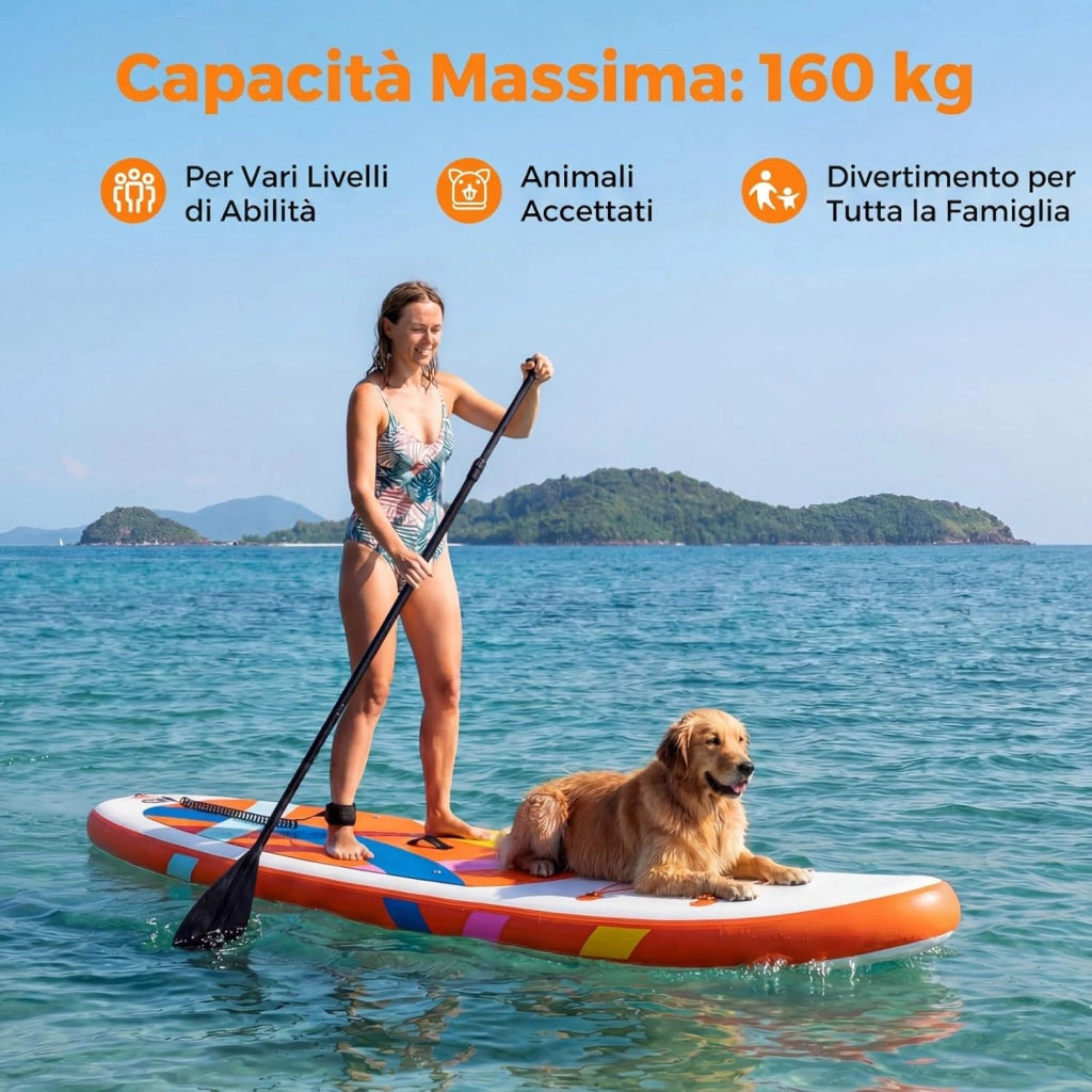 SUP Stand up Paddle, Tavola SUP Gonfiabile con Pompa, Pagaia in Alluminio, Guinzaglio, Borsa e Kit di Riparazione, per Principianti ed Esperti, Portata 160 kg, 336 x 77 x 16 cm