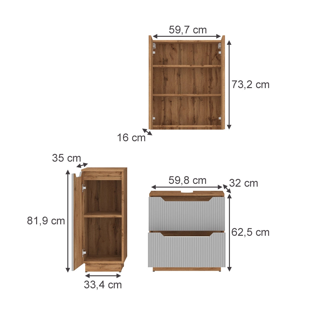 Vicco Set di mobili da bagno Rovere/grigio a righe 3 parti