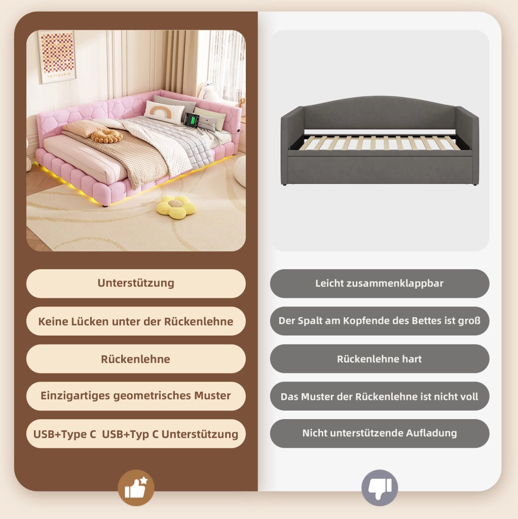 Divano letto matrimoniale 140x200 cm con luci LED, USB e Type-C