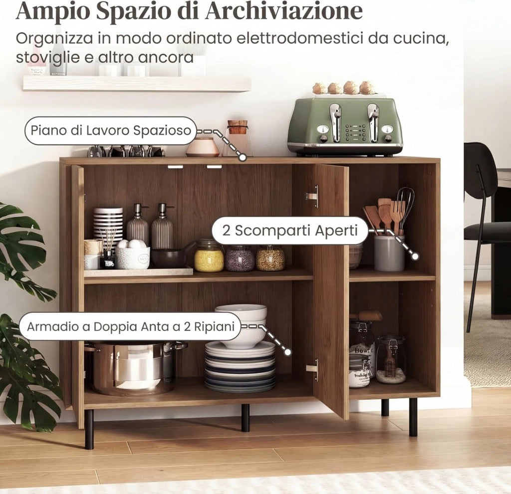 Credenza Cucina e Buffet in Legno, Mobile Dispensa con 2 Ante, 2 Scomparti Aperti a Ripiani Regolabili e Gambe in Metallo, per Sala da Pranzo, 106 x 38 x 80 cm (Nero) (Naturale)