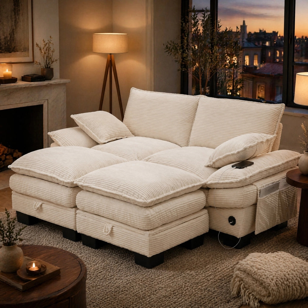 DIVANO 2 posti modulare 190x132x84 cm in corduroy beige, Set da 3 pezzi