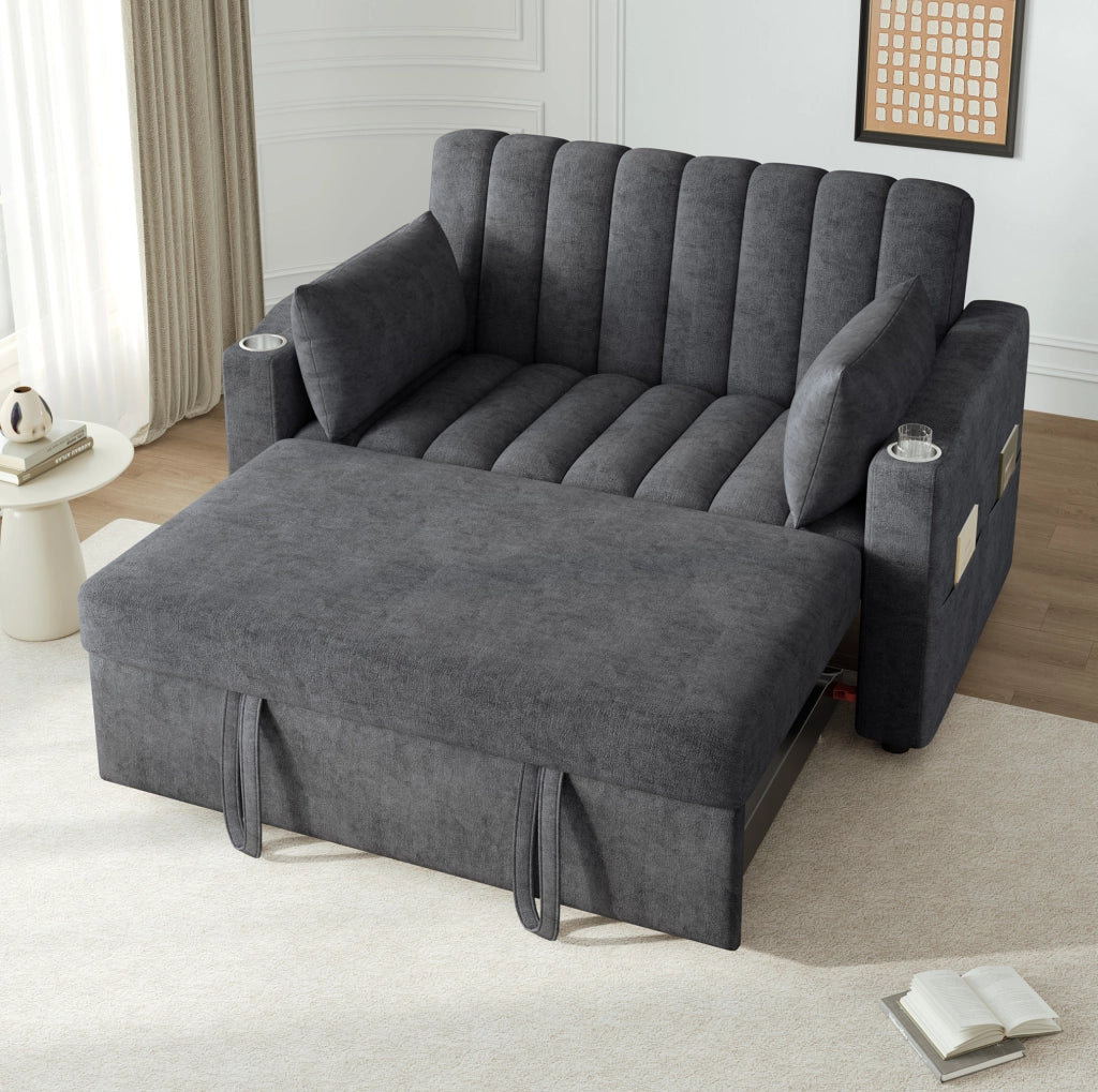Divano letto 2 posti 136x162x84 cm con schienale regolabile e 2 cuscini in cotone e lino grigio