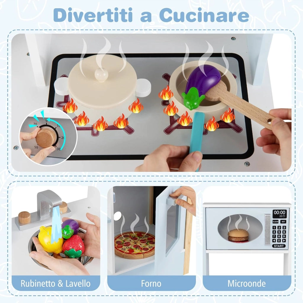 Cucina Giocattolo in Legno per Bambini, Set Cucina Gioco con Lavagna e Accessori Completi, Gioco di Finzione per Bambini 3+ Anni, 61,5 x 26 x 85 cm