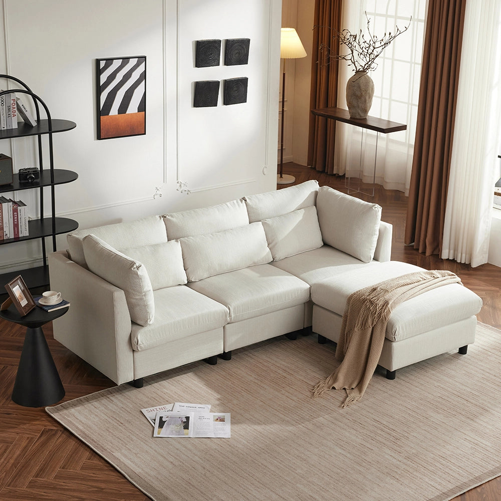 Divano angolare con pouf - Xylo - Tre posti, imbottito, beige