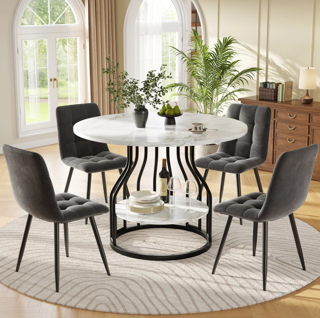 Set da pranzo 80x80x76 cm con tavolo rotondo e 4 sedie; piano effetto marmo; metallo; velluto nero e grigio