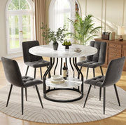 Set da pranzo 80x80x76 cm con tavolo rotondo e 4 sedie; piano effetto marmo; metallo; velluto nero e grigio