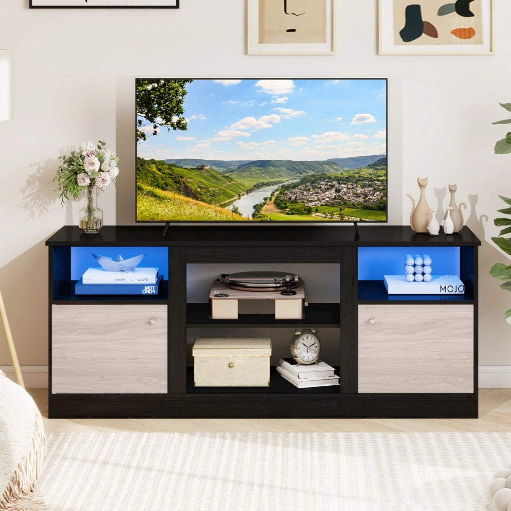 Supporto tv con luci led con ripiano regolabile e scomparto aperto per camino elettrico, Supporto consolle con spazio