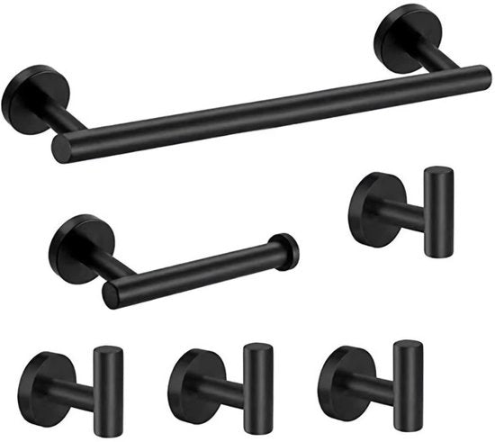 Set di accessori da bagno 6 pezzi, composto da un asciugamani appeso, un contenitore per i rulli igienici, 4 ganci per abbigliamento (fissaggio a viti, nero)