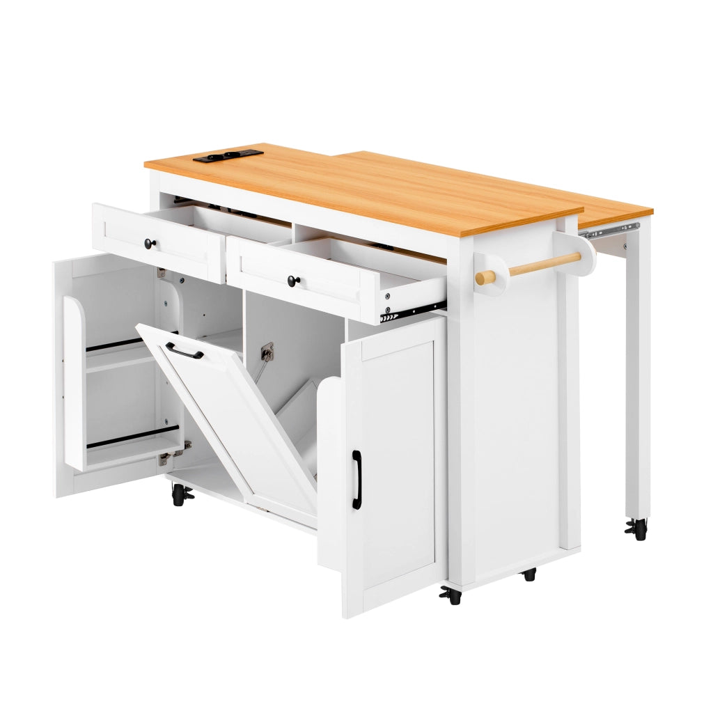 Isola da cucina mobile estendibile - Zephmum- Bianco con presa elettrica e cestino