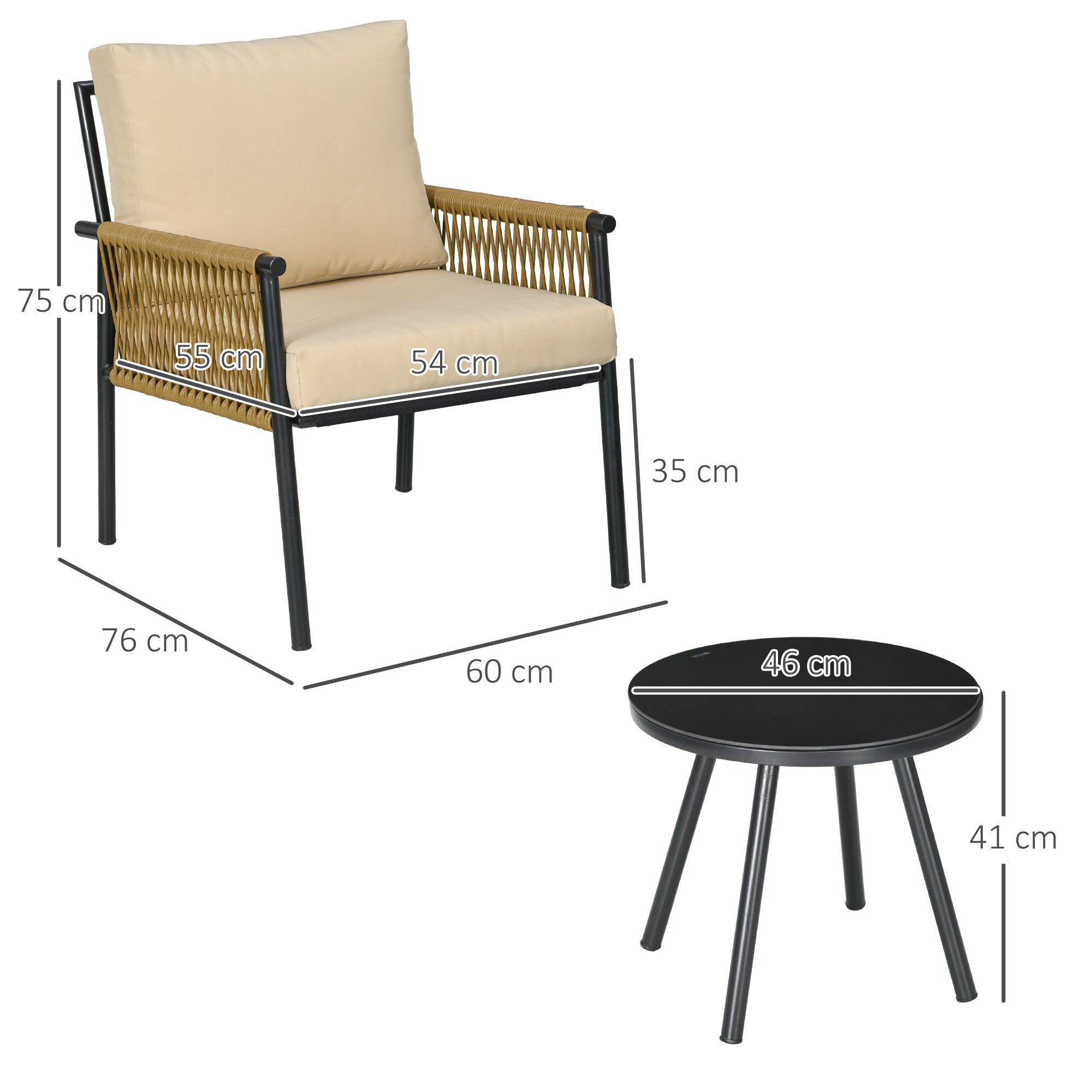 Set Tavolino e 2 Poltroncine con Cuscini da Giardino in Rattan PE Acciaio e Poliestere Beige