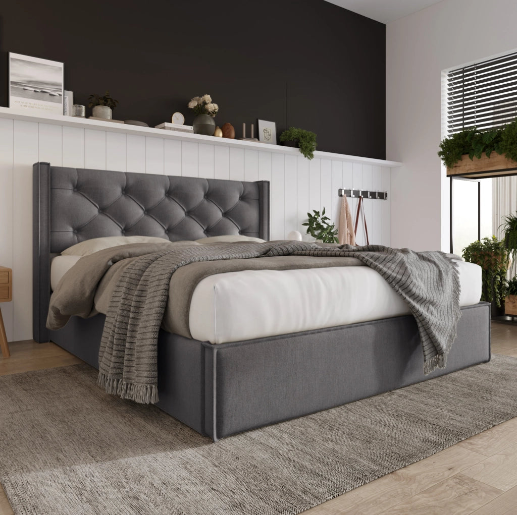 Letto imbottito 140x200 cm con contenitore; rete sollevabile e testiera in cotone grigio