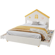 Letto per Bambini 140x200 cm con 4 Cassetti e Testiera a Casetta in Velluto Beige