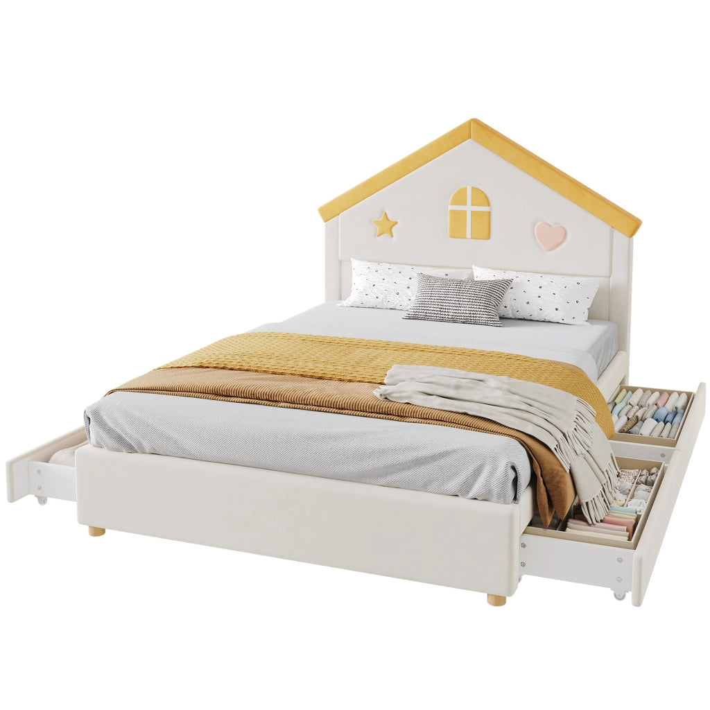 Letto per Bambini 140x200 cm con 4 Cassetti e Testiera a Casetta in Velluto Beige