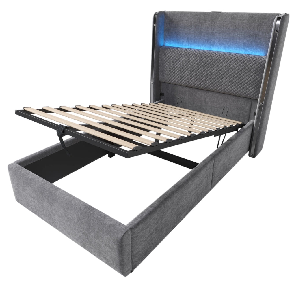 Letto singolo 90x200 cm con contenitore; LED; USB Type-C e materasso H3 in lino grigio