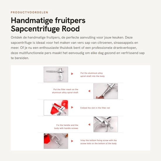 Fruitpers a mano - Centrifuga per succo - Rosso - Multifunzionale - Adatto per arancia e limone - Accessorio da cucina per uso domestico
