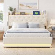 Letto imbottito LED 140x200 cm beige con USB e contenitore