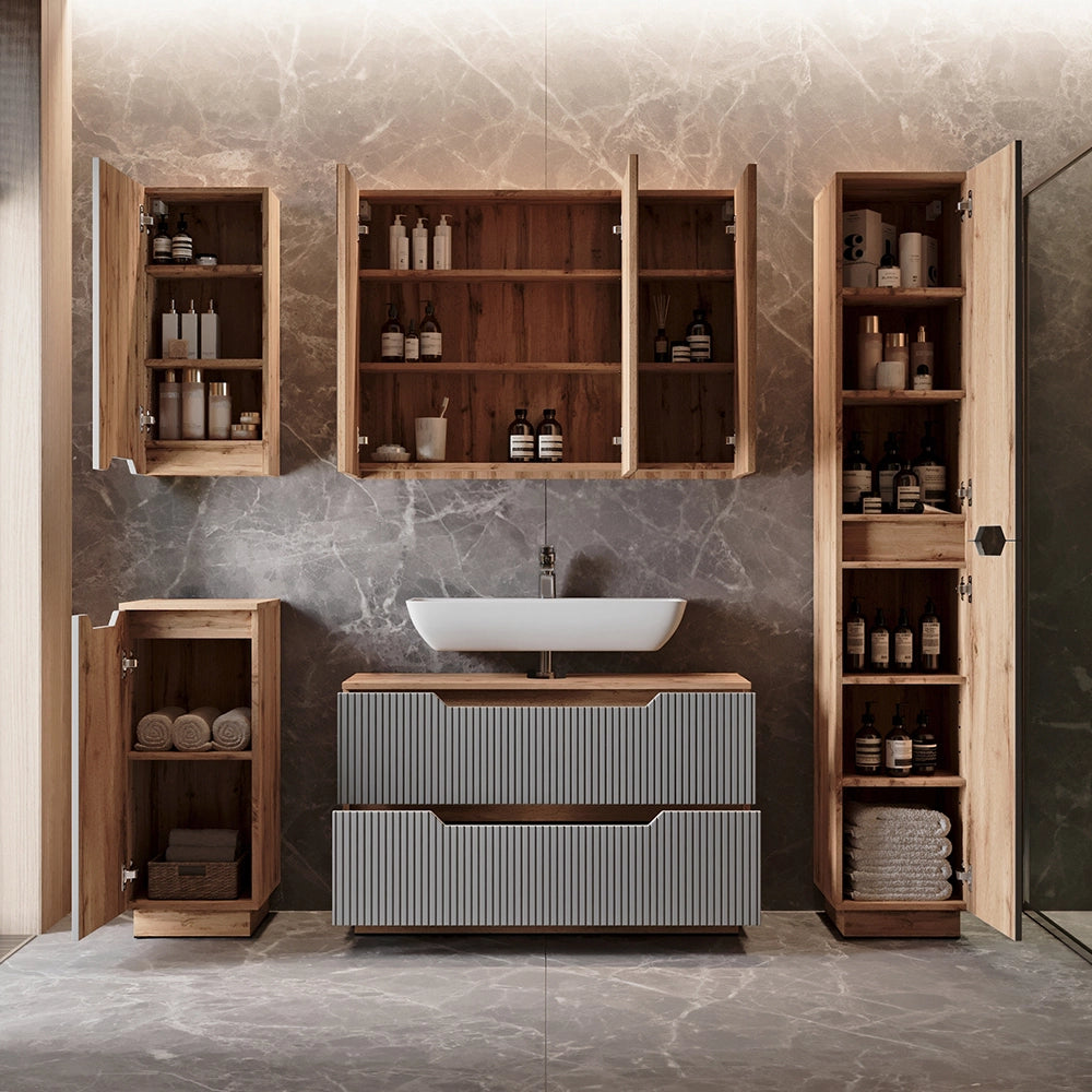 Vicco Set di mobili da bagno Rovere/grigio a righe 5 parti