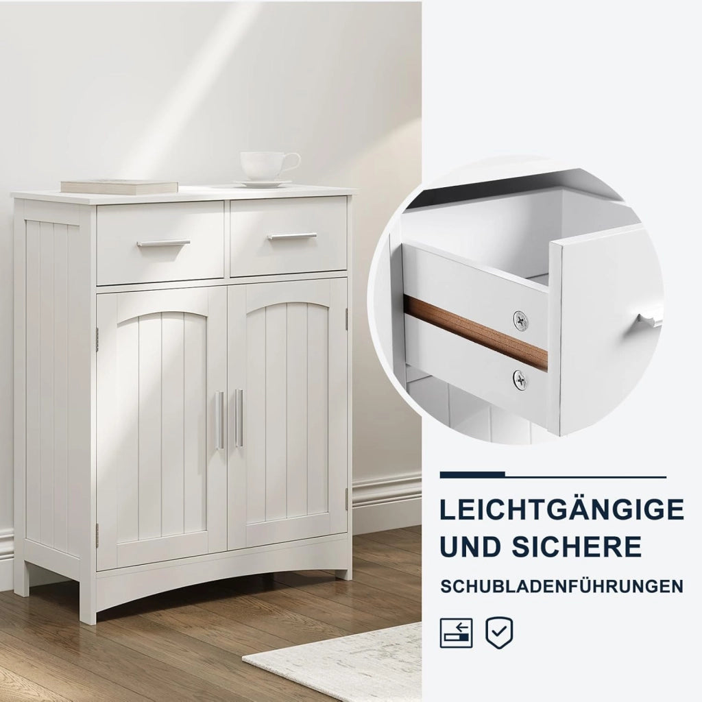 Armadietto da Bagno, Mobile per Bagno Salvaspazio, Mobiletto da Terra con 2 Cassetti e Armadietto a 2 Ante con Ripiano Regolabile, Armadio in Legno, Bianco, 60x30x76 cm