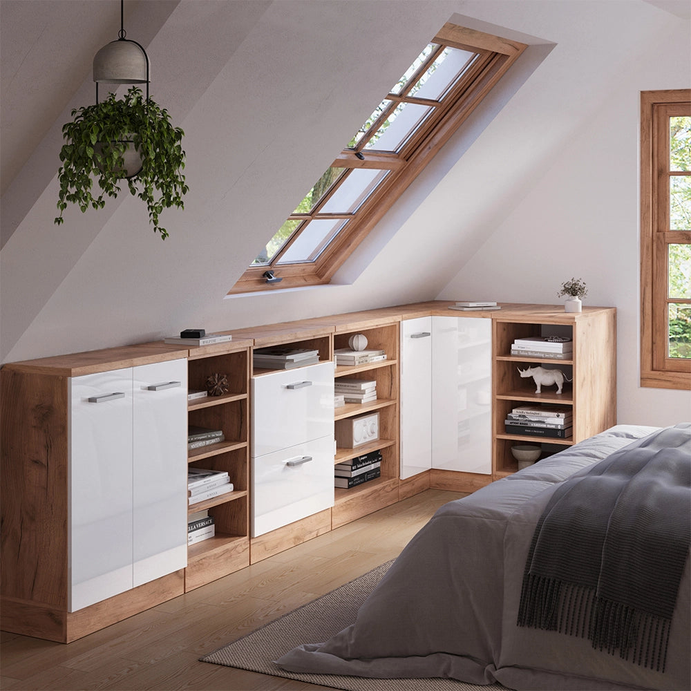 Mobile cucina angolare per sottotetto R-Line Bianco lucido/Rovere dorato 75.6 cm con 1 porta, carcassa dell’armadio profondità 60 cm Vicco