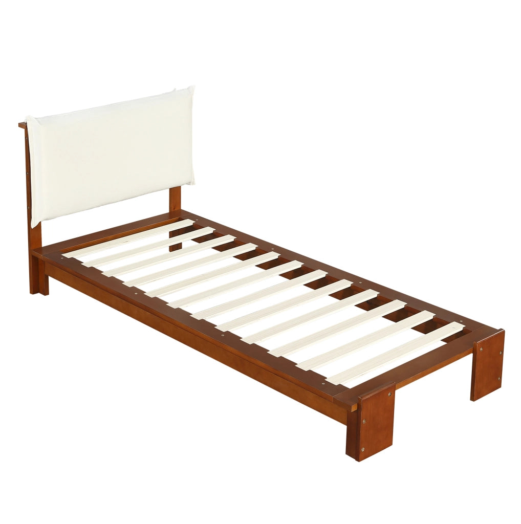 Letto singolo imbottito con testiera in tessuto e rete stabile 90x200 cm, marrone scuro
