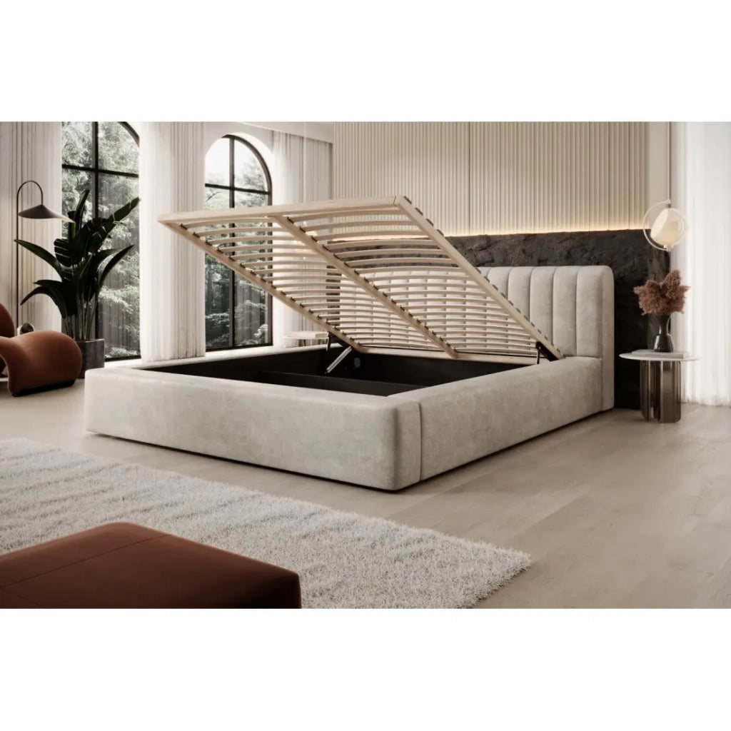 Lit coffre CERVIN – Velluto morbido Lino naturale – 160x200 cm – Rete sollevabile – Design elegante
