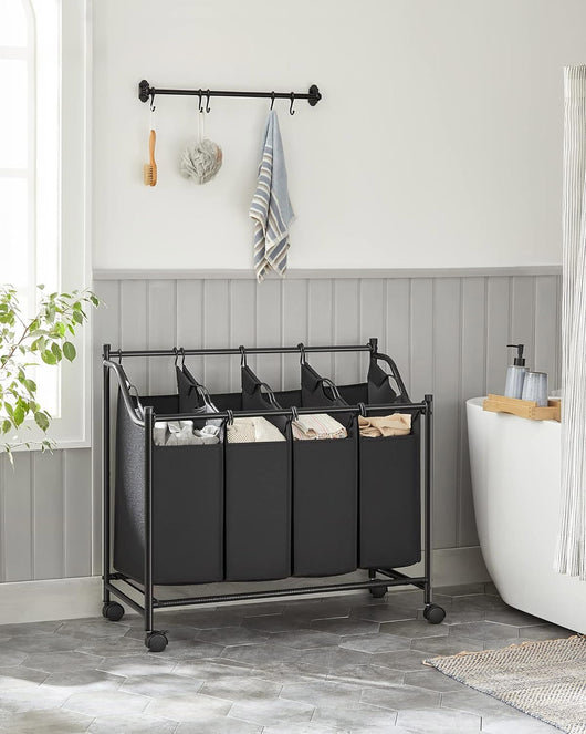Cesto portabiancheria Valora nero a 4 scomparti con ruote 140L