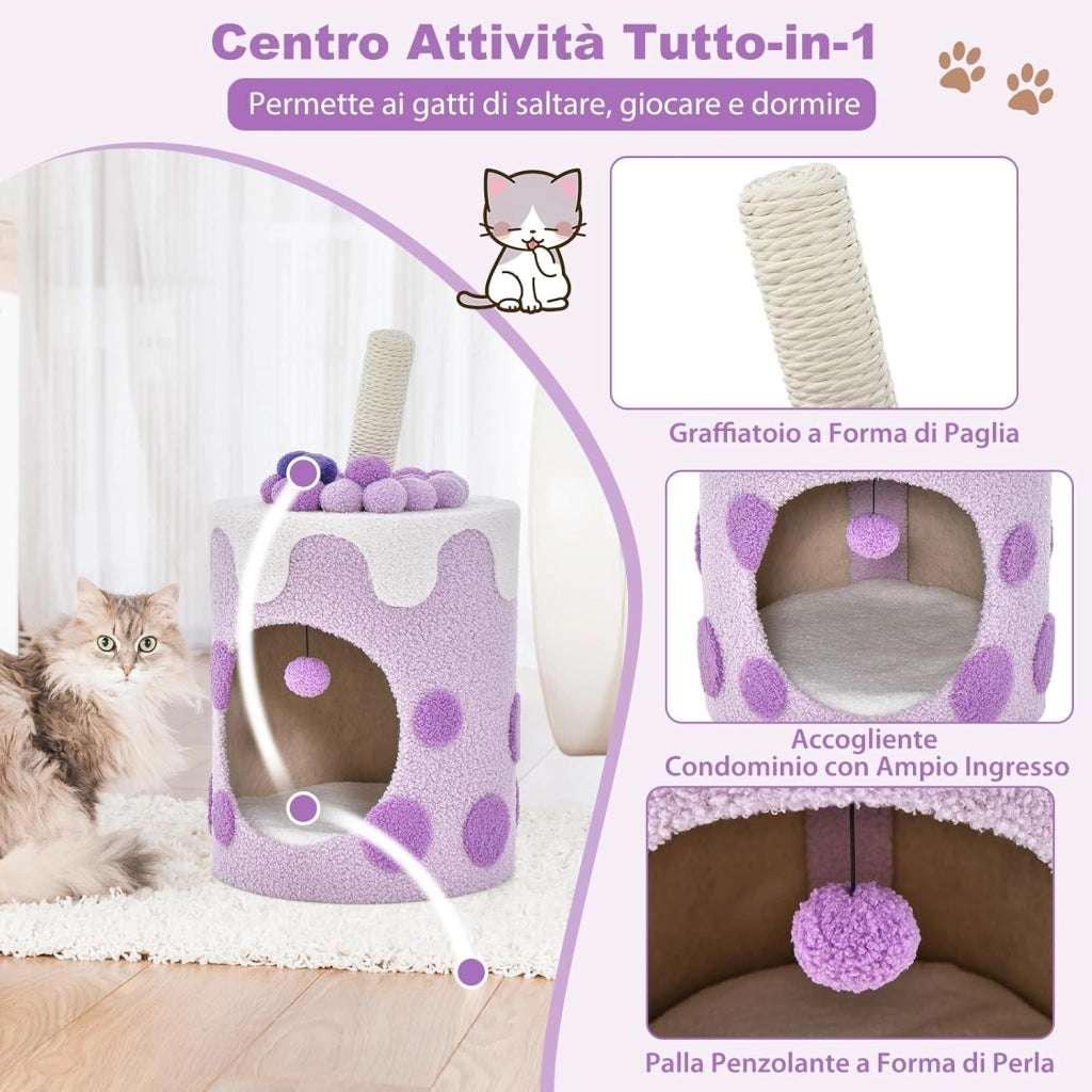 Cuccia per Gatti a Forma di Bubble Tea, Casetta per Gatti con Tiragraffi in Sisal e Palline Appese, Albero per Gattini da Interno, 37 cm x 37 cm x 67 cm (Viola e Bianco)