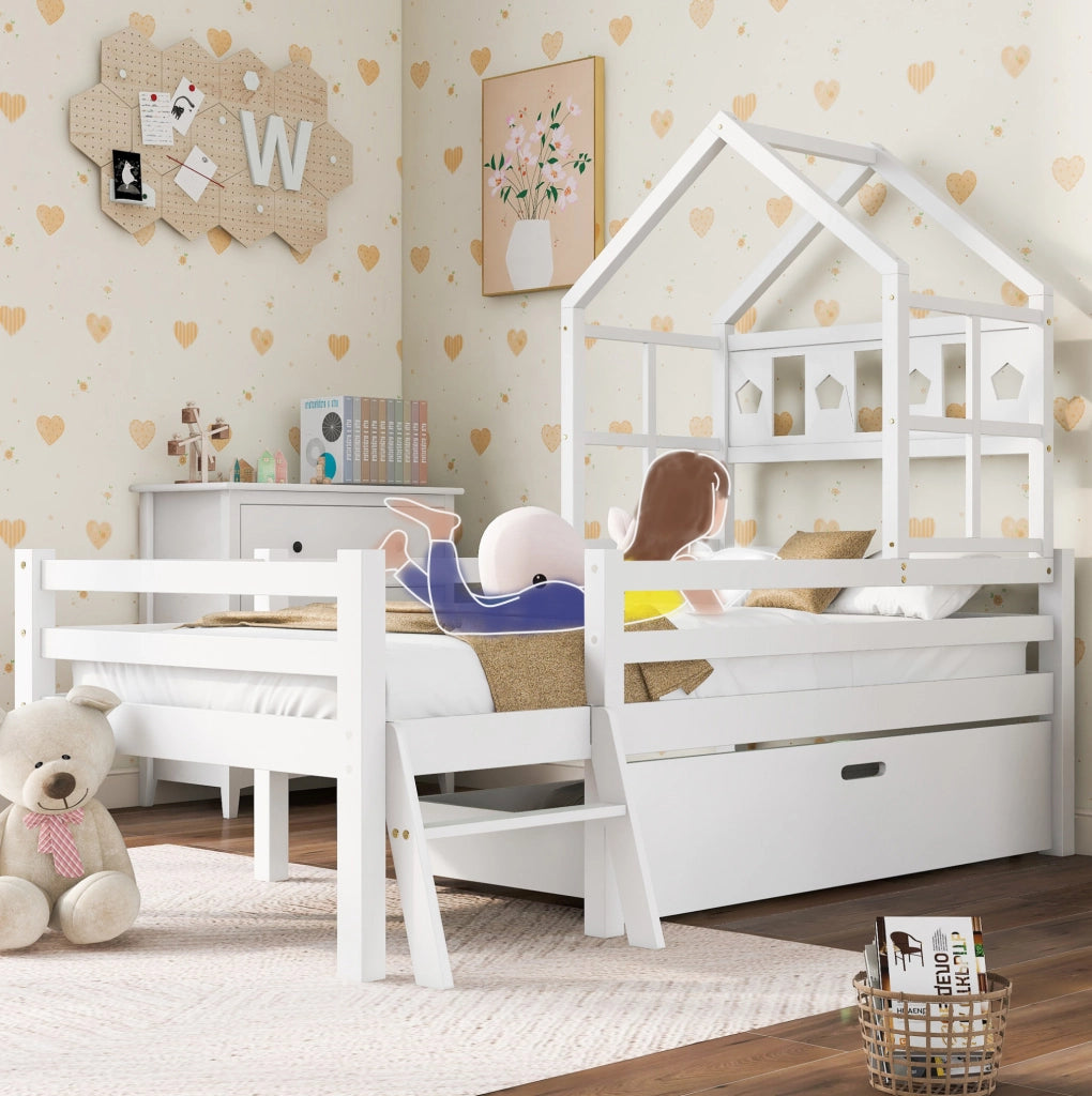 Letto a castello per bambini 207x97x159 cm con scala e cassetto; legno; bianco