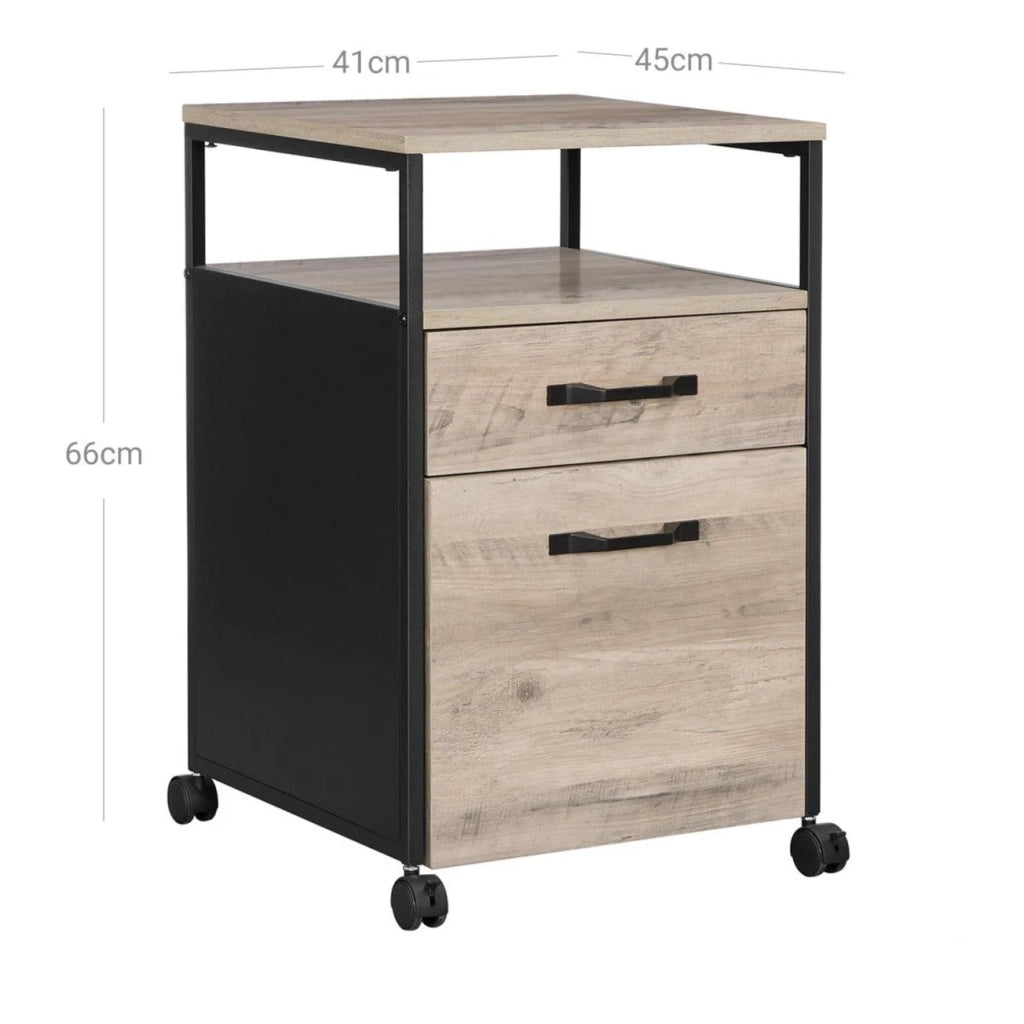 Mobile da ufficio con 2 cassetti, armadio con ruote, posizione aperta, stile industriale, 66 cm, greige e nero 12_0001502