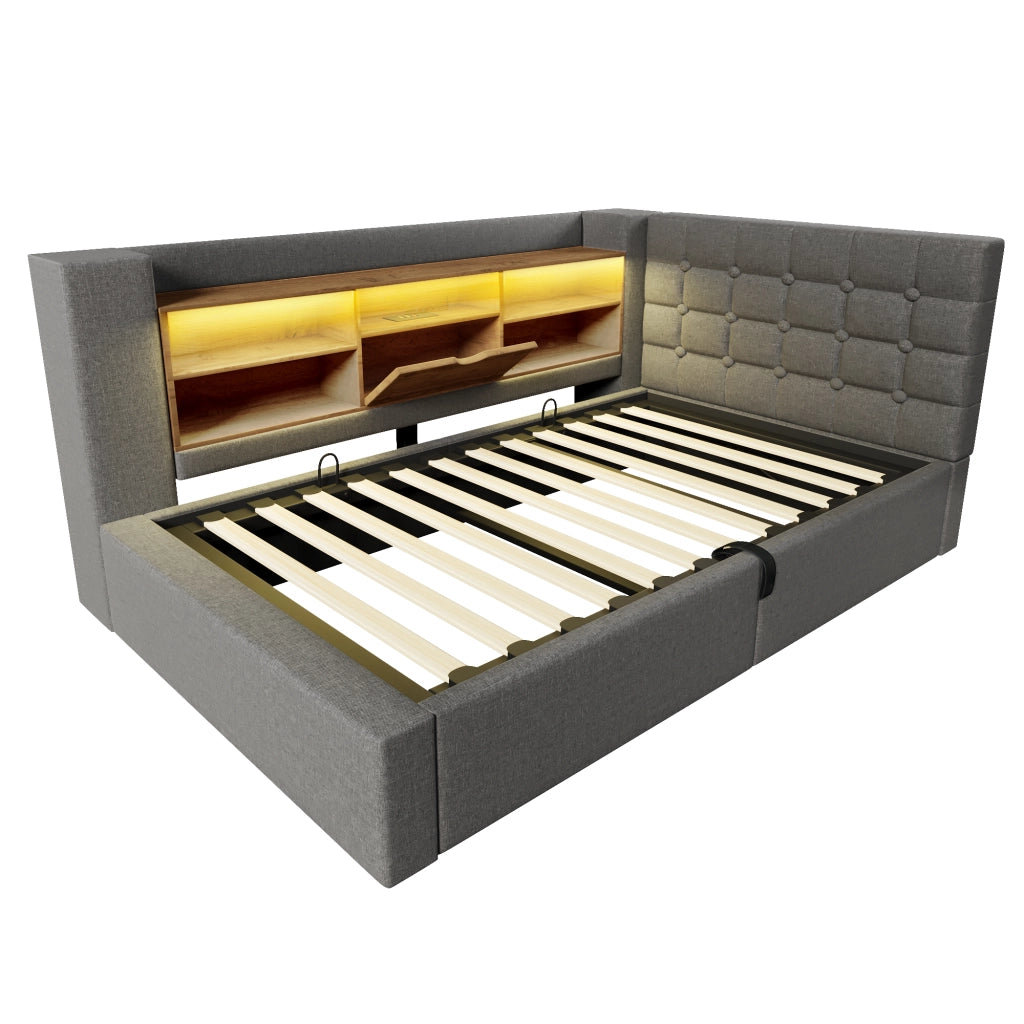 Letto singolo 90x200cm con LED, contenitore idraulico, testiera L reversibile, grigio