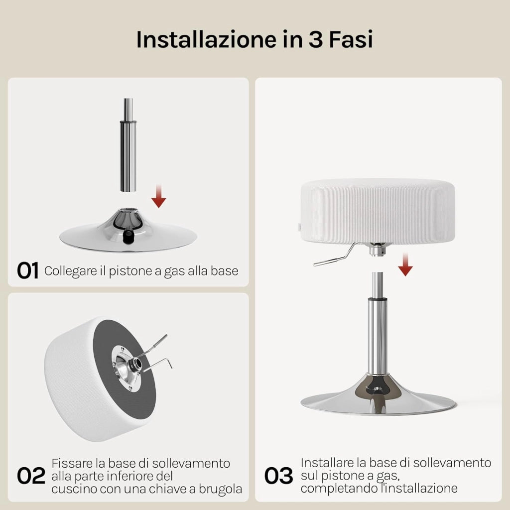 Set di 2 Sgabelli Bassi da Bar, Sgabello Regolabile in Altezza, Sedia da Trucco, Sgabello Girevole con Sedile in Velluto a Coste, Base in Metallo, per Salone, Massaggi, Nuvola Bianca