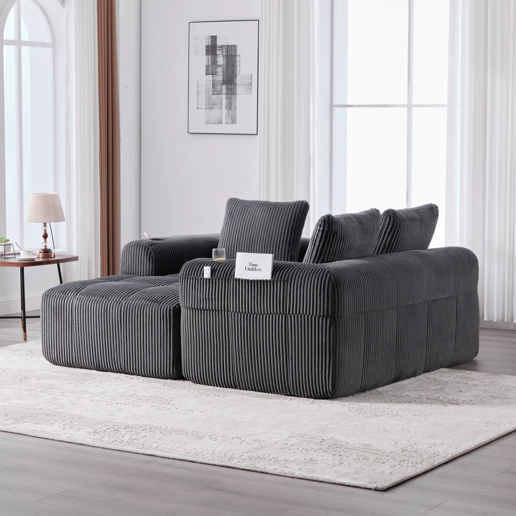 Divano Modulare con Tasche Laterali e Portabicchieri, 3 Cuscini, in Corduroy Grigio Scuro, 253 × 158 × 61 cm