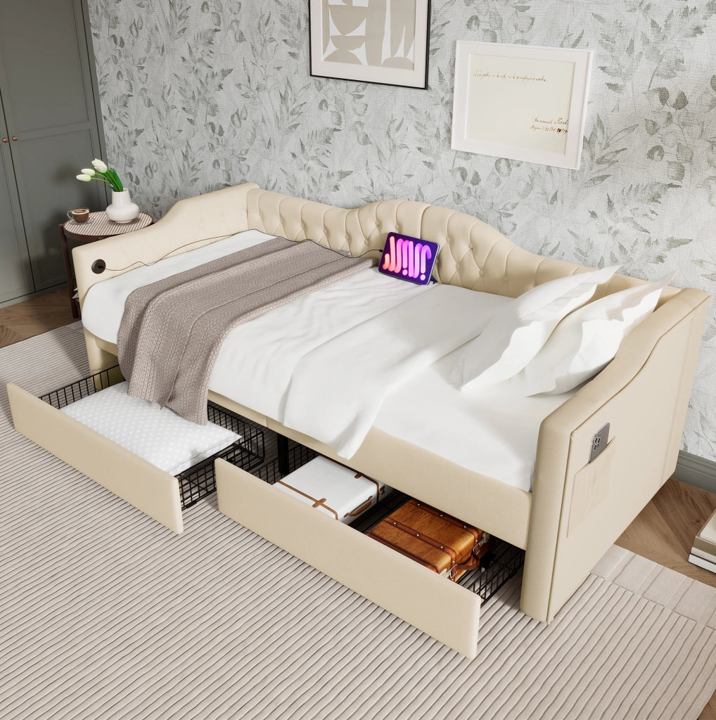 Daybed imbottito 90x200 cm con 2 cassetti; USB e Type-C; velluto beige