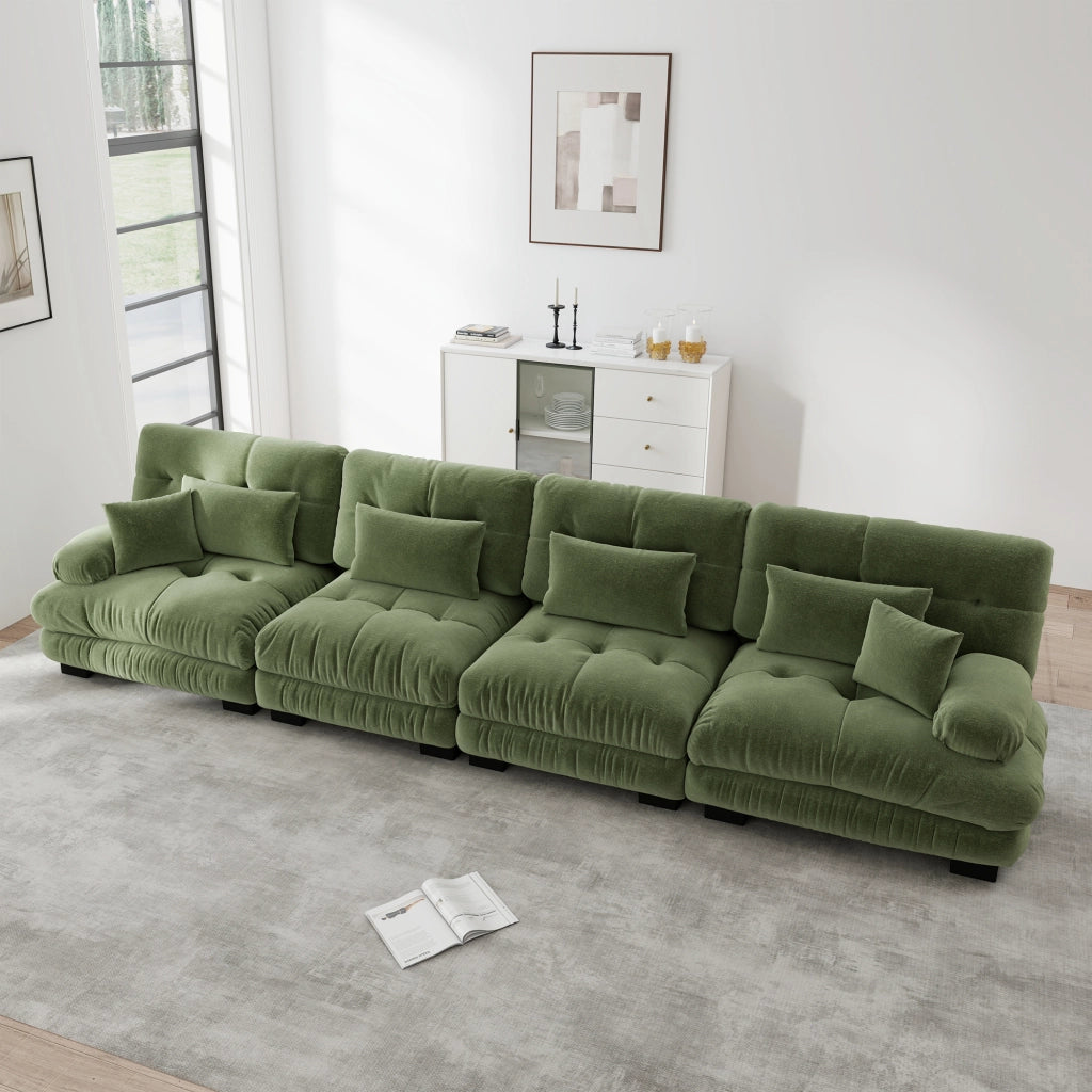 Divano angolare modulare in chenille con seduta profonda e cuscini decorativi per soggiorno verde 406 × 77 × 81 cm