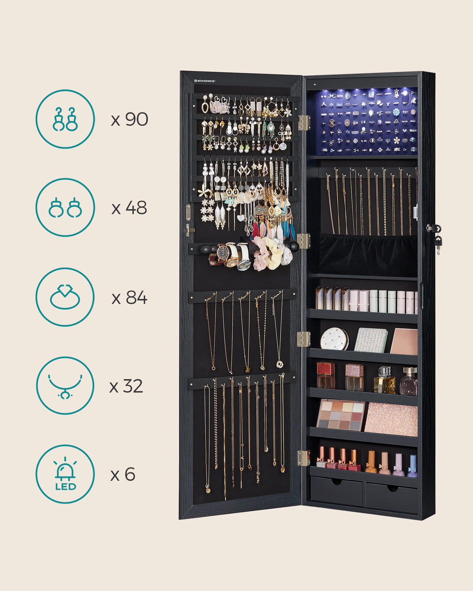 Valora MOBILE PORTAGIOIE SPECCHIATO con interno in velluto nero appeso alla parete