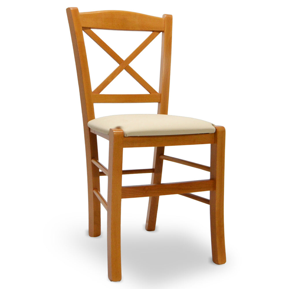 Sedia Venezia in legno ciliegio con schienale a croce seduta in similpelle beige