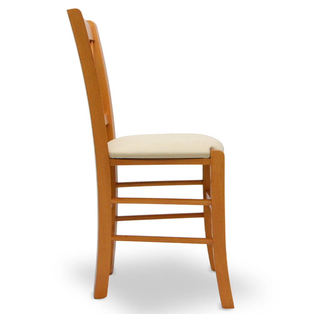 Sedia Venezia in legno ciliegio con schienale a croce seduta in similpelle beige