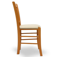Sedia Venezia in legno ciliegio con schienale a croce seduta in similpelle beige