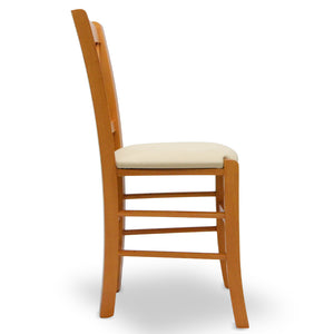 Sedia Venezia in legno ciliegio con schienale a croce seduta in similpelle beige