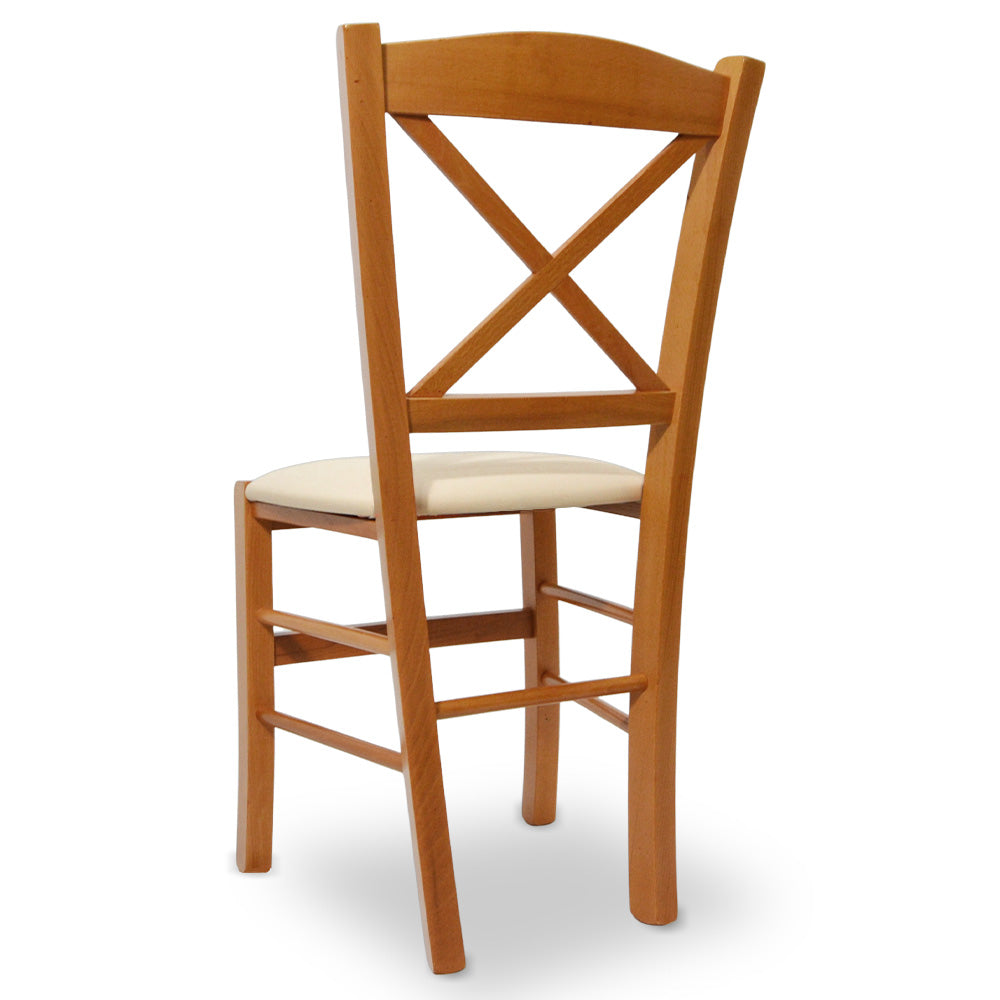 Sedia Venezia in legno ciliegio con schienale a croce seduta in similpelle beige