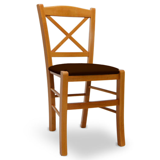 Sedia Venezia in legno ciliegio con schienale a croce seduta similpelle marrone