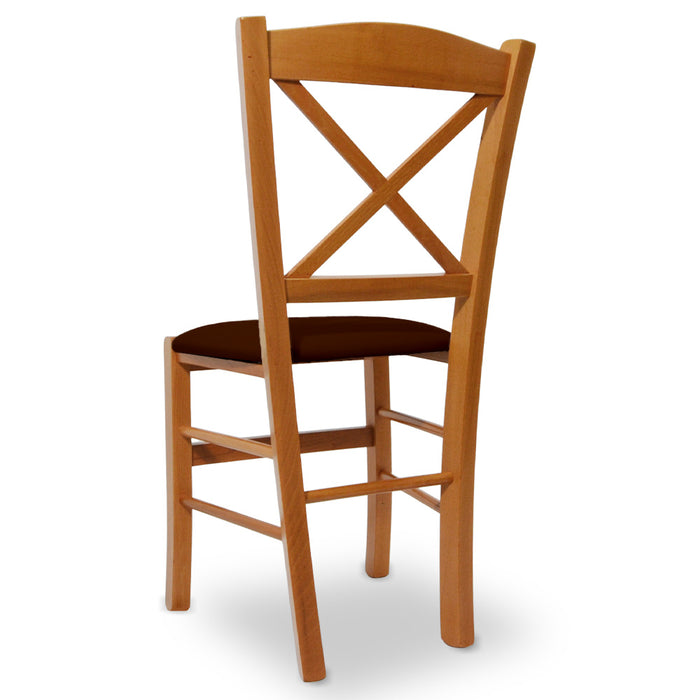 Sedia Venezia in legno ciliegio con schienale a croce seduta similpelle marrone