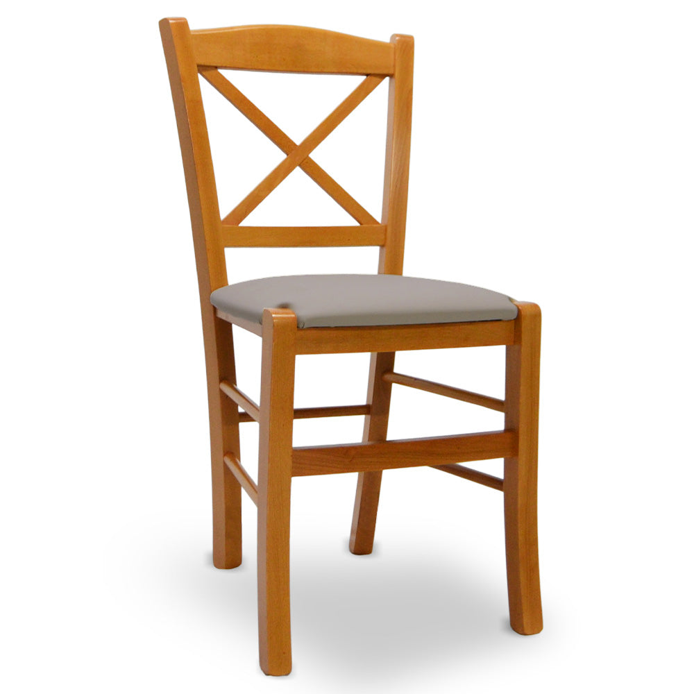 Sedia Venezia in legno ciliegio croce con seduta in similpelle grigio tortora