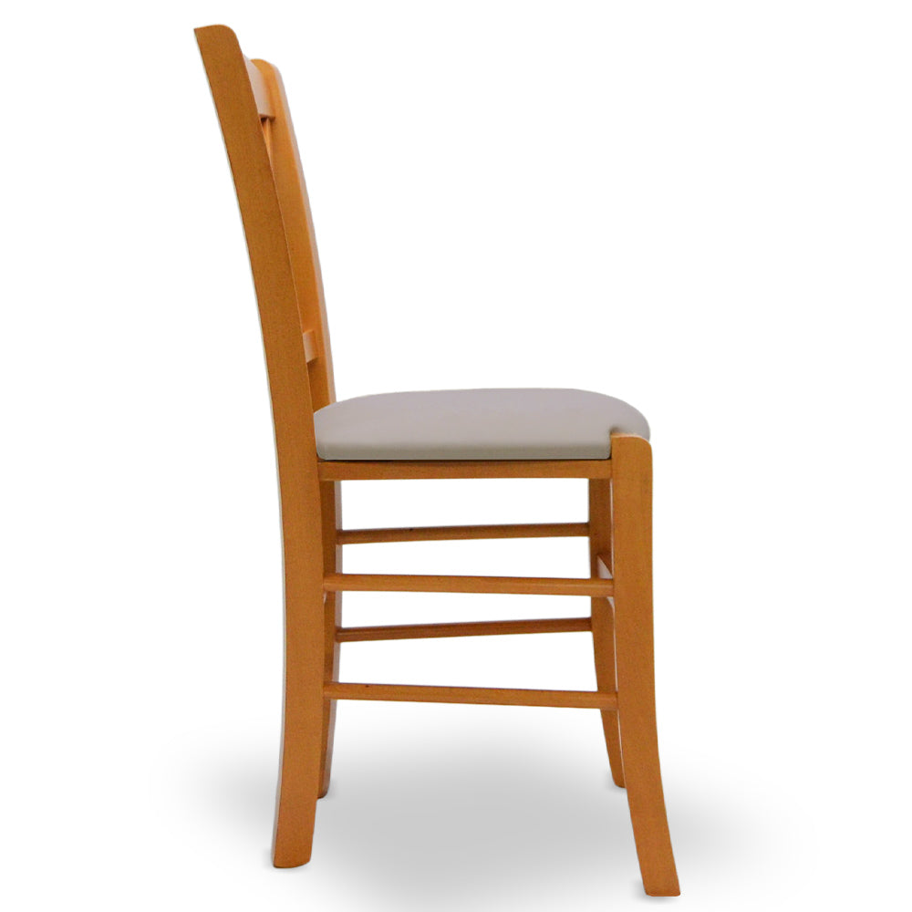 Sedia Venezia in legno ciliegio croce con seduta in similpelle grigio tortora