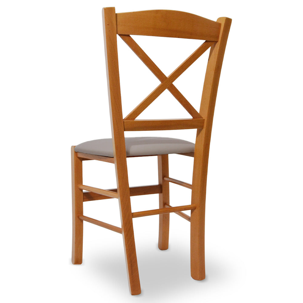 Sedia Venezia in legno ciliegio croce con seduta in similpelle grigio tortora