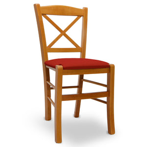 Sedia Venezia in legno ciliegio con schienale a croce seduta in similpelle rosso