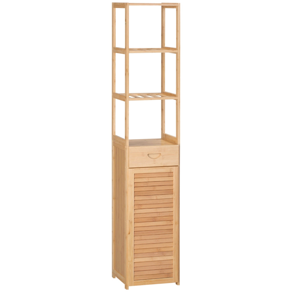Mobile bagno in bambù con cassetto, tre ripiani aperti e vano chiuso, design slim 32 x 30 x 163 cm, colore legno naturale
