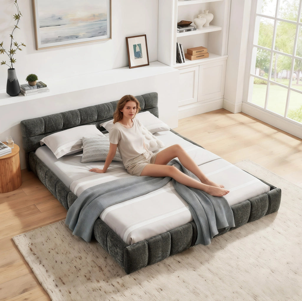 Letto matrimoniale 160x200 cm in chenille Dark Gray con struttura in eucalipto e ferro